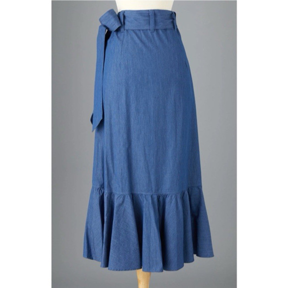 J Peterman Medium Skirt Midi 100% Cotton Denim Wrap Belted Chambray Blue - Picture 2 of 10